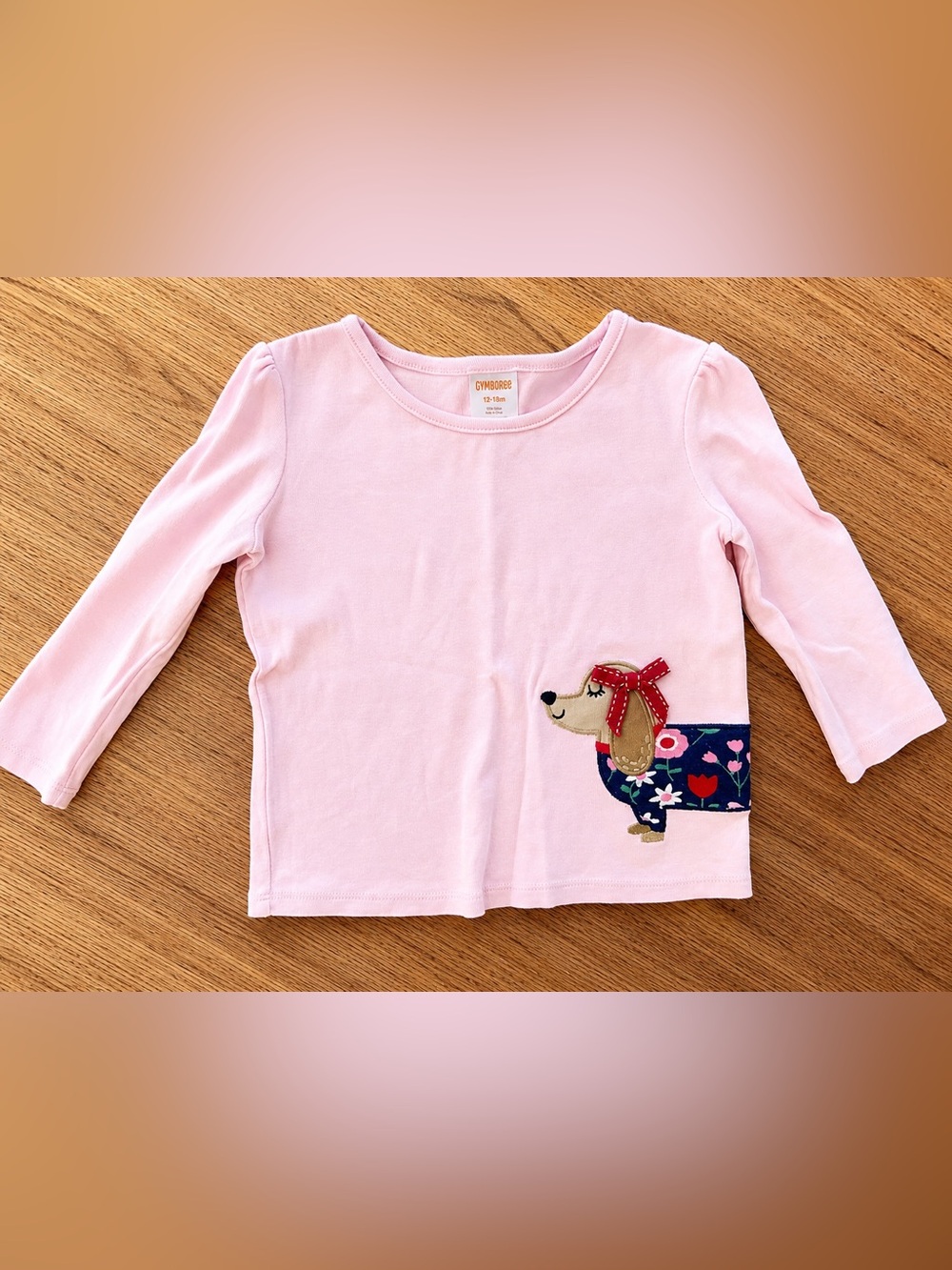Gymboree Toddler Girls Pink Dachshund Appliqué Shirt | Long Sleeve Puppy Top